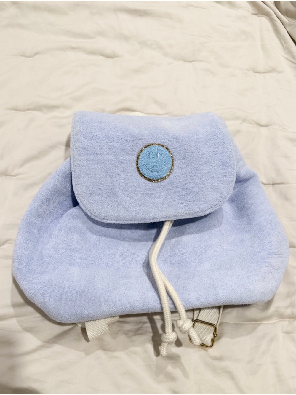Stoney Clover Lane Light Blue Terry Cloth Backpack with Smiley Patch
